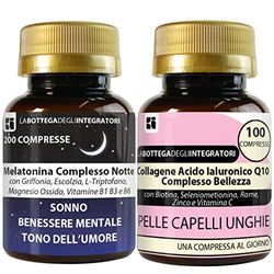 Set di Integratori Sonno e Umore + Pelle Capelli Unghie|Melatonina Complesso Notte 200 Compresse + Collagene Ialuronico Q10 Complesso Bellezza 100 compresse | Senza Glutine e Lattosio
