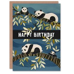 Artery8 Sleepy Panda Bears on Tree Folk Art Painting Blank For Him Or Her Art Birthday Card