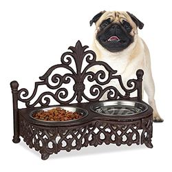 Relaxdays Alimentador de cão e gato duplo com suporte, aço inoxidável, castanho, 23 x 31 x 15 cm, ferro fundido, tamanho único