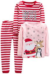 Simple Joys by Carter's Uniseks peuters, 3-delige snug-fit katoenen kerstpyjamaset, pak van 3, roze kerstman/rode streep, 2T