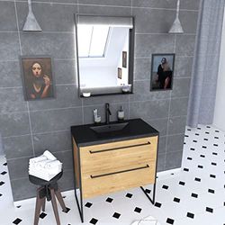 AURLANE Meuble de Salle de Bain 80x50cm - 2 tiroirs chêne Brun- Vasque résine Noire Effet Pierre - Miroir