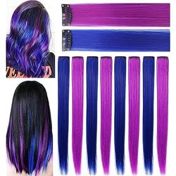 LVSHANGMAO Multicolors Party Highlights Clip colorata per capelli lisci in estensioni sintetiche multicolori per capelli 8PCS parrucchino lungo resistente al calore (blu viola)