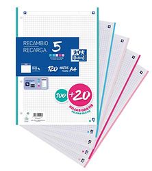 A4 Oxford Refill Sheets, 100 + 20 Sheets, 5 x 5 Squares, 5 Colours Pastel