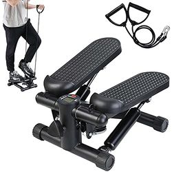 BAKAJI Stepper fitnesstraining, cardio, benen, heupen, met lcd-display, calorieën, tijd en halters, elastisch, armen, schouders, structuur van roestvrij staal, anti-slip pedalen Eén maat(zwart)