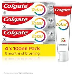 Colgate Total Original Toothpaste 4x100ml - Stronger 24-hour bacterial defence* - Unique dual zinc antibacterial technology - 8 benefits for complete protection - Fresh breath - 6 months of brushing**
