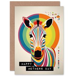 Artery8 Mothers Day Rainbow Zebra Bauhaus Funky Modern For Mum Mom Her Blank Inside Greeting Card