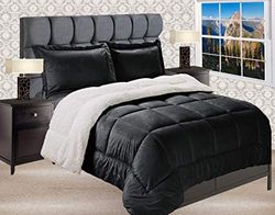 Elegant Comfort 1RW-Sherpa-Comforter-King-Black Premium Kwaliteit Zware Gewicht Micromink Sherpa-Backing Omkeerbaar Down Alternatief Micro-Suede 3-delige Troosterset, Koning, Zwart, Zwart