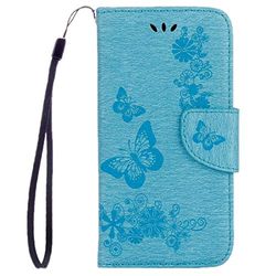 Carcasa de telefono for Galaxy A3 (2017) / A320 Funda de Cuero Horizontal con Relieve de Mariposas con Soporte y Ranuras for Tarjetas y Billetera y cordón (Negro) (Color : Azul)