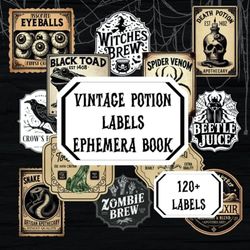 Vintage Potion Labels Ephemera Book: Witchy Apothecary Bottle Labels for Scrapbooking, Junk Journals, Paper Crafting and Cardmaking