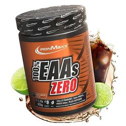 IronMaxx 100% Percento EAAs ZERO Aminoacidi in polvere- integratore a base degli 8 aminoacidi essenziali con alto contenuto di BCAA- vegano- senza zuccheri- gusto: cola- limetta - alta dose- 500g
