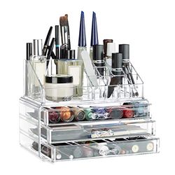 Relaxdays Organiseur de maquillage, boîte rangement Make up avec tiroirs, support empilable, transparent