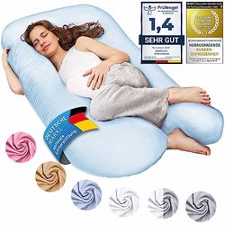 Almohadas de embarazo, almohadas para dormir de lado, almohadas de posicionamiento, almohadas para bebés y para lactancia en forma de U, funda lavable 100% algodón (Junior XL, 120 x 70 cm, Azul claro)