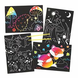 Baker Ross FE712 Woodland Animal Scratch Art Pictures - Pack of 8, Rainbow Scratch Art, Childrens Activity Packs, Creative Activities for Kids