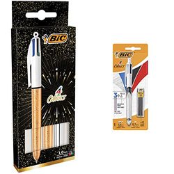 BIC 4 Couleurs Stylos-Bille Pointe Moyenne - Corps Métallique Argenté et Texturé Doré Givré, Boîte de 3 & 4 Couleurs 3+1 HB Stylo-Bille Rétractable et Porte-Mines, Blister de 1 + 12 Mines 0,7 mm HB