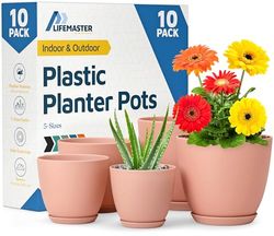 Lifemaster Set di 10 vasi in plastica con fori di drenaggio, leggeri, resistenti e salvaspazio, per interni ed esterni, versatili, design semplice e moderno, colore rosa