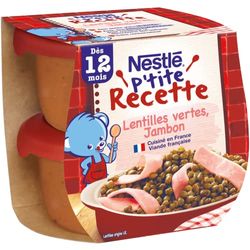 Nestlé Bébé P'tite Recette Lentilles Vertes Jambon - Plat complet dès 12 mois - 2 x 200g