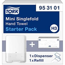 Tork Mini Singlefold Hand Towel Wall Mounted Dispenser Starter Pack White H3, Economical, Wall Mounted Dispenser and x1 Refill, 953101