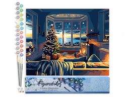 Figured'Art Pintar por Numeros Adultos Habitación navideña en la bahía - Manualidades pintura acrilica Kit Cuadro DIY completo - 40x50cm sin bastidor