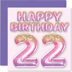 22nd Birthday Card for Women - Pink & Purple Glitter Balloons - Happy Birthday Cards for 22 Year Old Woman Daughter Sister Auntie Cousin, 145mm x 145mm Twenty-Two Twenty-Second Greeting Cards Gift