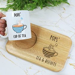 Pops' Tea & Biscuits Board & Mug Set, Wooden Treat Board with Cup of Tea Mug, Snack Tray, 350ml Coffee Mug, Father's Day, Birthday Gifts for Pops
