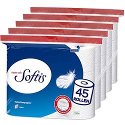 Softis Papier toilette 4 plis | Lot de 45 rouleaux (5 x 9 paquets individuels) | 100 feuilles par rouleau | Système unique de chambre douce | Emballage recyclable | Papier certifié FSC®