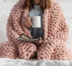 Coperta a maglia grossa – Coperta per letto (40 x 60) – Coperta morbida in ciniglia – Coperta e copriletto per divano – Grande coperta (rosa fard rosa)