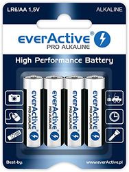 EverActive AA Batteres Pack di 4 Pro Alkaline Mignon LR6 R6 1.5V Highest Performance 10 Year Shelf Life – Confezione da 4 pezzi – 1 blister card, nero/bianco