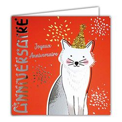 Afie 22070 Shiny Silver Happy Birthday Card – Square Card 145 x 145 mm with Envelope – Made in France, Cat, Fox, Animal, Pointed Shawl, Party, Confecties
