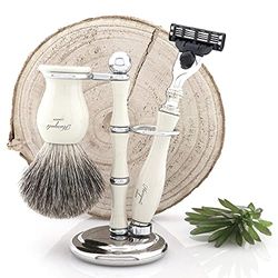 Haryali London Shaving Kit, 3 Pc Manual Shaving Set for Men's Grooming, 3 Edge Shaving Razor, Best Badger Shaving Brush, Complete with Shaving Stand, White Color Shaving Set