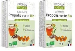 Gommes de Propolis Verte Bio - Miel & Eucalyptus - 45g - Maux de gorge - Certifié Agriculture biologique - Fabrication Française - Huile essentielle d'Eucalyptus Bio - PROPOS'NATURE (Lot de 2)