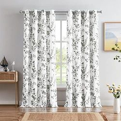 Melodieux Floral Curtains 63 Inch Length for Living Room, Farmhouse Grey Apricot Flower Print White Decorative Grommet Drapes, 52x63 Inch, 2 Panels