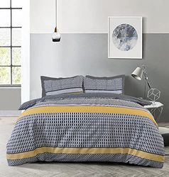 Sleepdown Juego de Funda de edredón Reversible con diseño de Rayas Geo, Color Negro y Gris Ocre, Suave, de fácil Cuidado, Individual (135 x 200 cm)