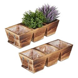 Relaxdays Blomlåda, 3 fack, planteringslåda i trä med folie, H x B x D: 12,5 x 43,5 x 17,5 cm, vintage örtlåda, natur