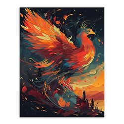 Artery8 Majestic Phoenix Bird Spreading Wings Concept Painting Blue Orange Red Mythical Creature Rising From Fire Ashes Vibrant Portrait Large Wall Art Poster Print Thick Paper 18X24 Inch