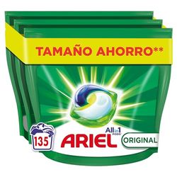 Ariel All-in-One Detergente Lavadora Liquido en Capsulas/Pastillas, 135 Lavados (3x45), Original, Jabon 5 Acciones para una Limpieza Brillante en Frio