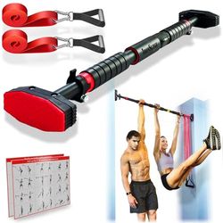 IRONSURGE Optrekstang voor deuropening, 6-delige set met twee bevestigbare weerstandsbanden, trainingshandleiding, deurframe kin-upstang en twee schuine steunen voor thuissportschool, training, geen