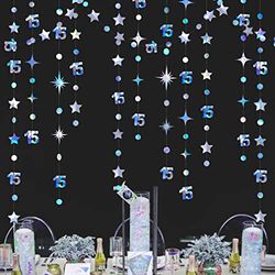 Décorations irisées pour 15e Anniversaire - Numéro 15 - Cercle à Pois - Guirlande d'étoiles métalliques à Suspendre - pour Filles et garçons - Fournitures de décoration de fête