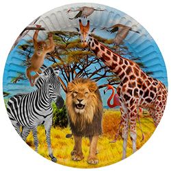 Folat 61934 Papieren Tableware papieren borden, rond, Ø safari, 23 cm, 8 stuks, wegwerpservies, borden voor verjaardagsfeest, babyshower, bruiloft, bruidsfeest, meerkleurig