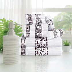 Superior Set di 8 asciugamani in cotone, altamente assorbenti, decorativi, in stile bohémien, greco, bordo in jacquard, asciugamani per il viso 33 x 33 cm, asciugamani per le mani 40,6 x 76,2 cm,