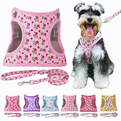 Moonpet Step-in Hondenharnas en leibandset, elk weertype, reflecterend, trekt niet, bloemenpatroon, gewatteerde mesh, katten, puppy‘s, extra kleine, kleine, middelgrote, grote honden, hart en roos, XS