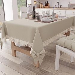 PETTI Artigiani Italiani - Rectangular Tablecloth, 140 x 240 cm, Beige, Cotton, Plain, Lace and Bows Decorated, 12 Seater