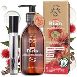 Bionoble Huile de Ricin Bio 200ml - 100% Pure, Naturelle, Pressée à Froid - Cils, Sourcils, Corps, Cheveux, Barbe, Ongles - Vegan Castor Oil - Bouteille en Verre + Pompe + Kit Mascara