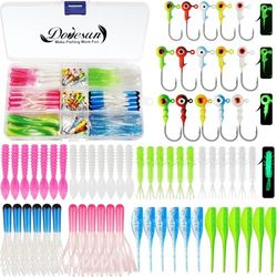 Dovesun 110Pcs Kit de Leurres Souples de Pêche avec Tete Plombee, Plastique Souple Alose-Grubs-Tubes Leurres 80Pcs 0.8 1.75 3g Têtes Plombées 30Pcs