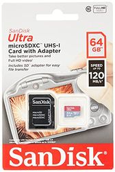 SanDisk Ultra 64GB microSDXC Memory Card + SD Adapter with A1 App Performance Up to 120MB/s, Class 10, UHS-I