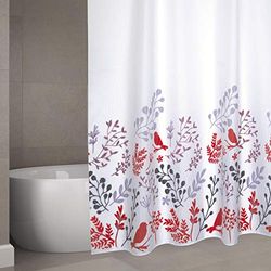MSV Rideau de Douche Polyester Birds 180x200cm QUALITÉ Premium Motifs Rouge & Blanc - Anneaux Inclus