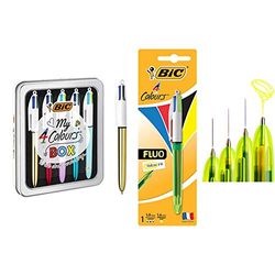 Bic 4 Colori Penne A Sfera A Scatto Assortite Punta Media (1.00 Mm), Confezione Metallica Da 5 Penne Assortite & 4 Colours Fluo Penna A Sfera A Scatto Inchiostro Nero, Blu, Rosso E Giallo Fluo