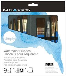 Daler-Rowney Simply Pennelli per acquerello, setole sintetiche morbide, manico corto, astuccio con cerniera, assortimento di 10 pennelli