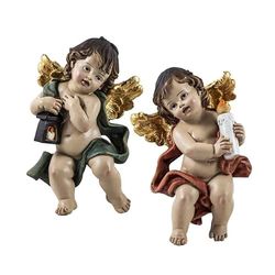 DRW Set di 2 angioletti da appendere con candele in resina dipinte a mano, 6 x 6 x 17 cm
