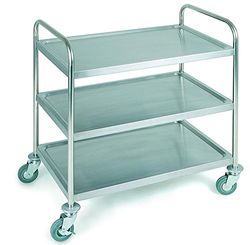 APS Serving trolley, stainless steel trolley, serving trolley with three shelves, W x D x H: 91 x 59 x 93 cm, distance between shelves approx. 26 cm, 4 swivel castors, 2 lockable, trolley with load capacity 120 kg