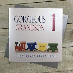 WHITE COTTON CARDS Grande Carte Train, Gorgeous Grandson 1 Choo Choo.. Choo Choo Carte de 1er Anniversaire Faite Main